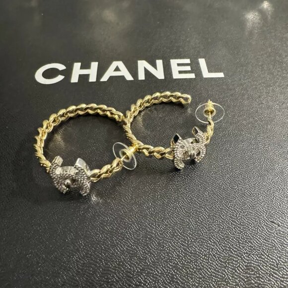 Chanel Gold Tone Crystal Double CC Turnlock Hoop Earrings - Picture 2 of 6